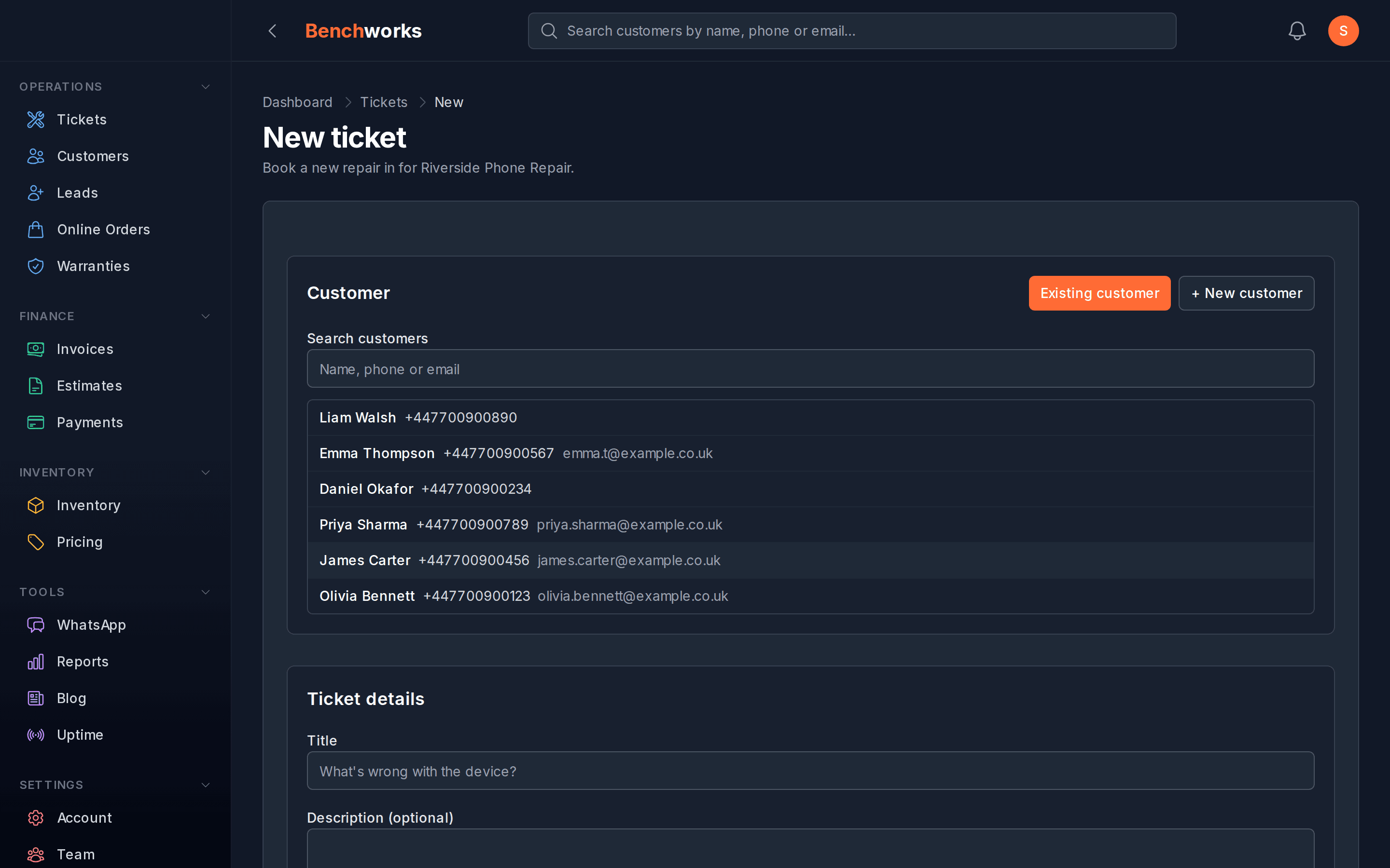 New ticket form with a customer typeahead and device details.