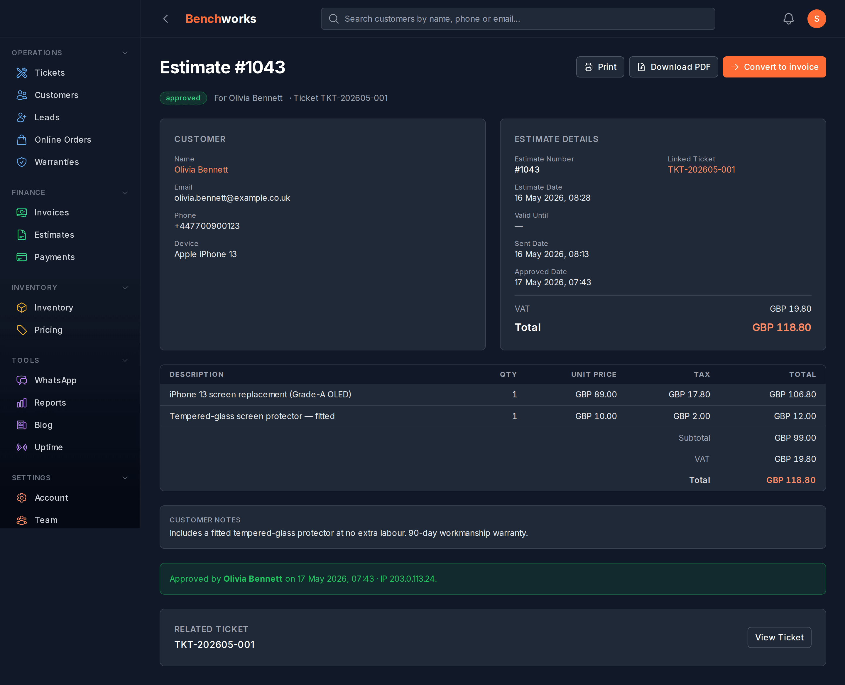 An approved estimate showing line items, VAT, and the customer’s e-signature.