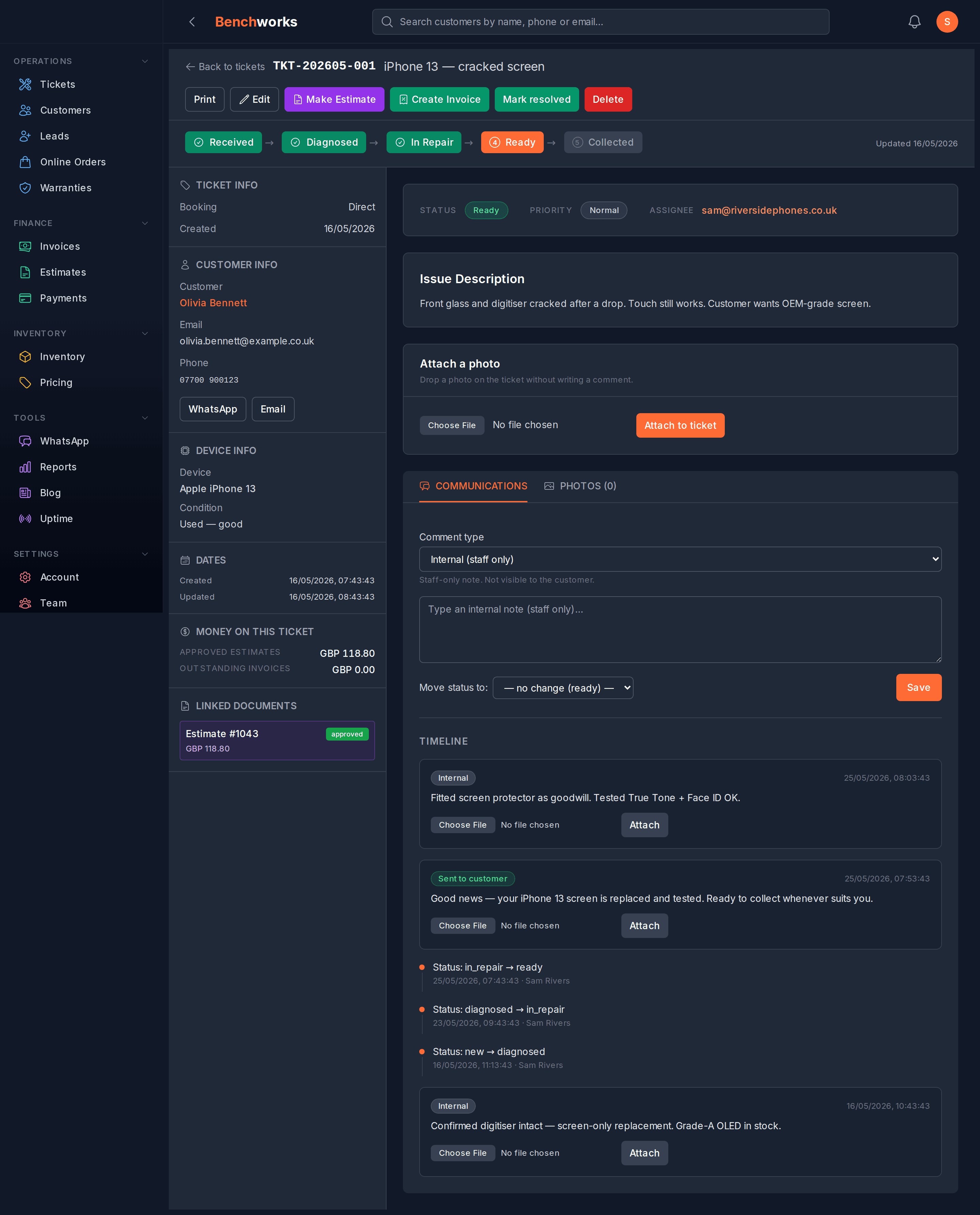 A ticket detail page showing the status progress bar, the comment box with a status dropdown, and the timeline of notes and status changes.